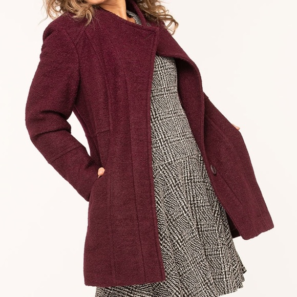 BNWOT Bouclé Standing Collar Coat in Burgundy Size XS Petite - Picture 1 of 13